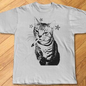 WHITE - Funny Smoking Cat Meme Graphic T-Shirt Grumpy Cat Humor Cartoon Tee